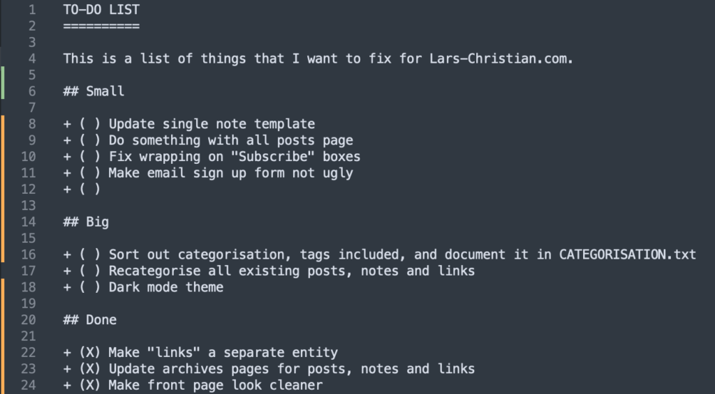 Screenshot showing a simple text-based to-do list for Lars-Christian.com