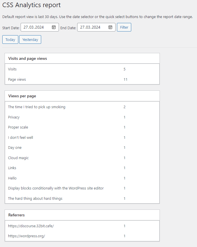 A screenshot from the report section of CSS Analytics, a super simple analytics plugin for WordPress that is in development.