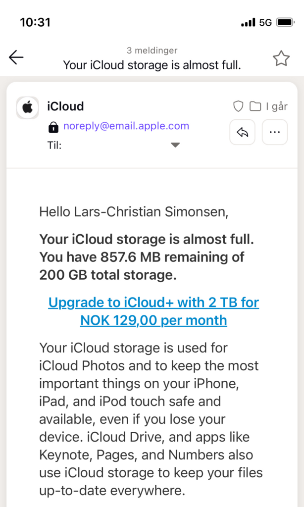 Email notification from Apple saying "Your iCloud storage is almost full".