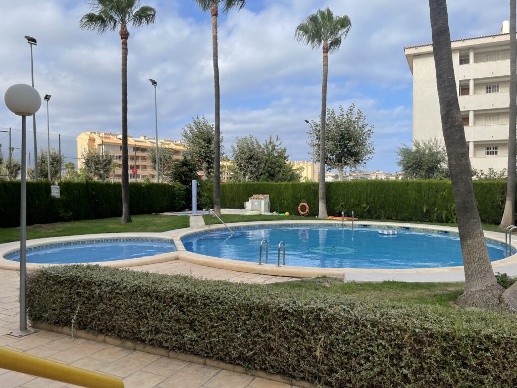 Two circle shaped pools, a large one and a smaller one. The pools are framed by green hedges, and lawn areas with palm trees.