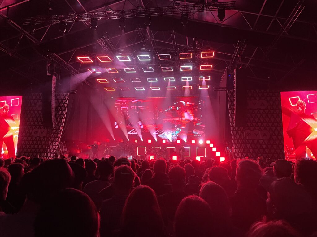 A photo taken from the crowd of a concert with the band The National