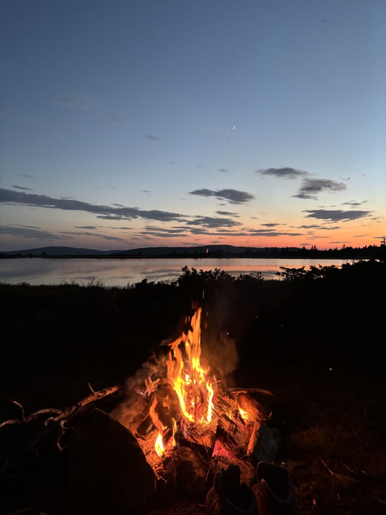 Photo of a campfire in front of a small lake in the woods at evening dusk. 