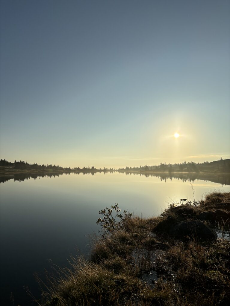 Photo of the sun rising over a small mountain lake. 