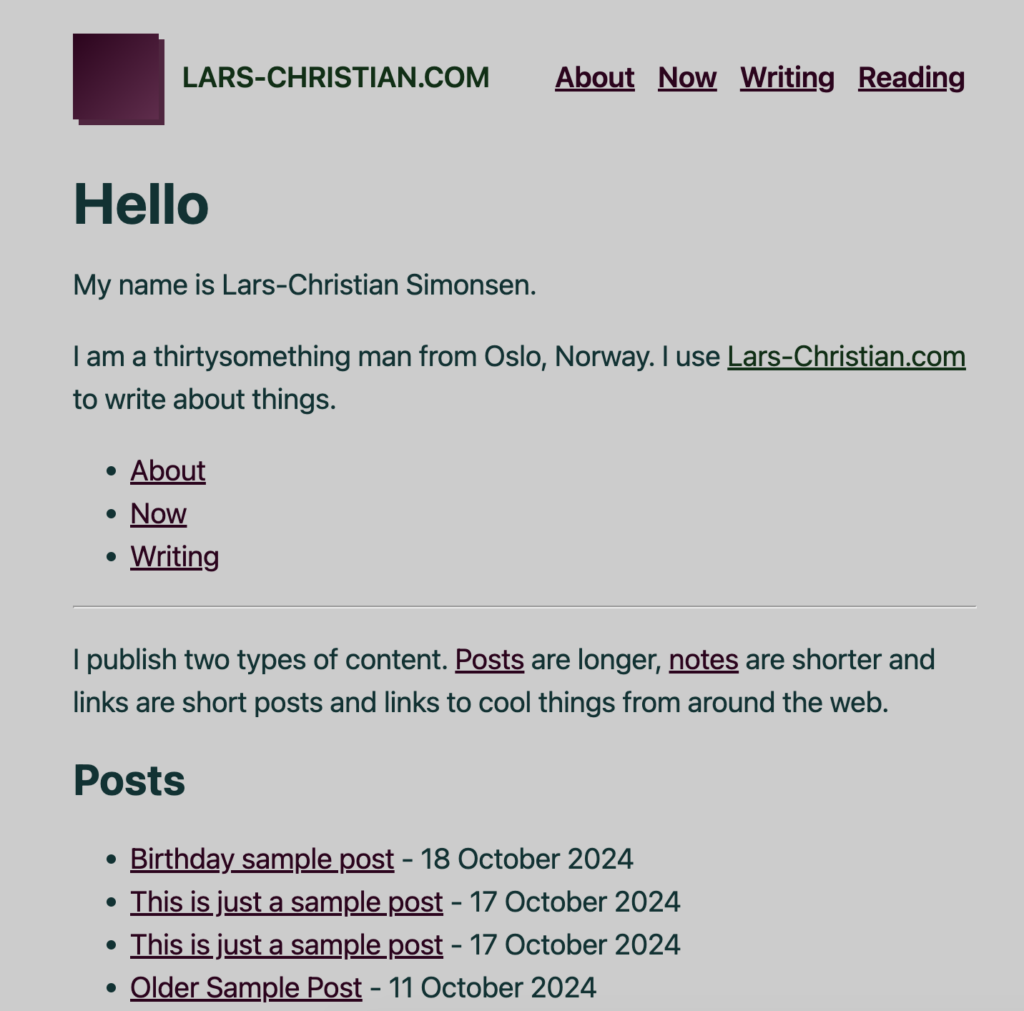 A screenshot of a static website version of the frontpage of Lars-Christian.com, generated with my homemade static site generator.