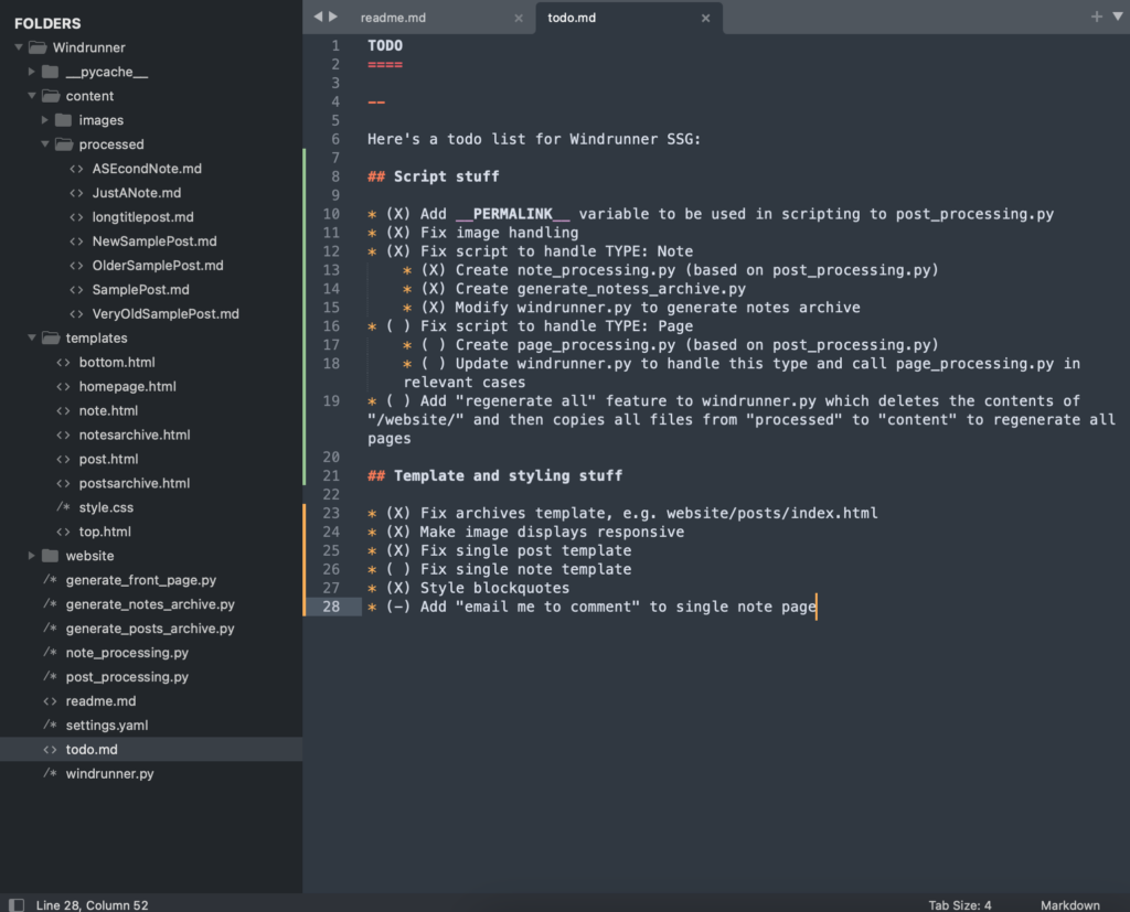 A screenshot showing a file and folder structure of a custom made static site generator, and a todo list for completing the software.