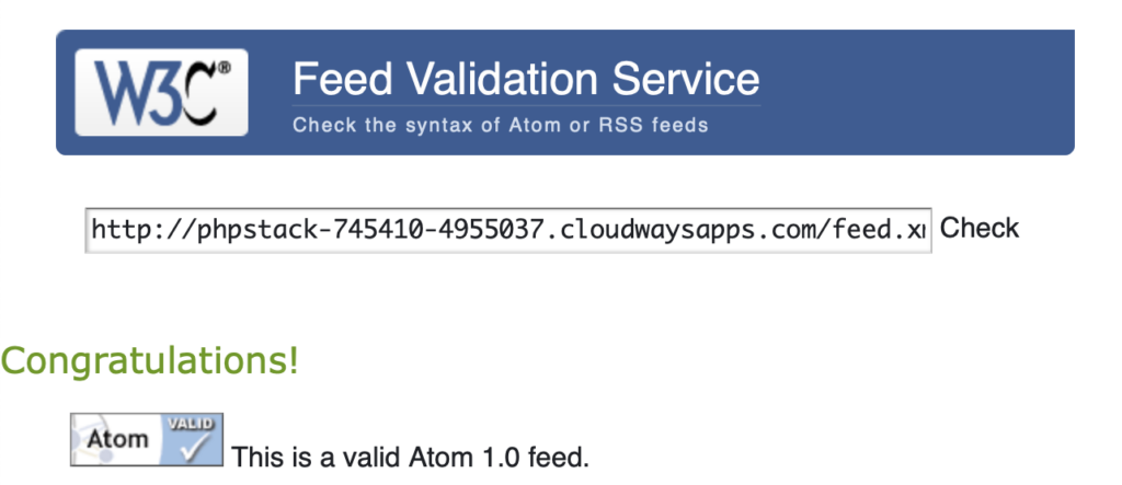 Screenshot showing that a feed from Lars-Christian's new home made static site generator passes w3.org's feed validator.