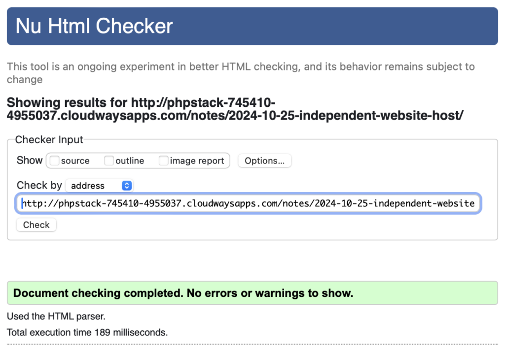 Screenshot showing that a page from Lars-Christian's new home made static site generator passes w3.org's HTML and CSS validator.