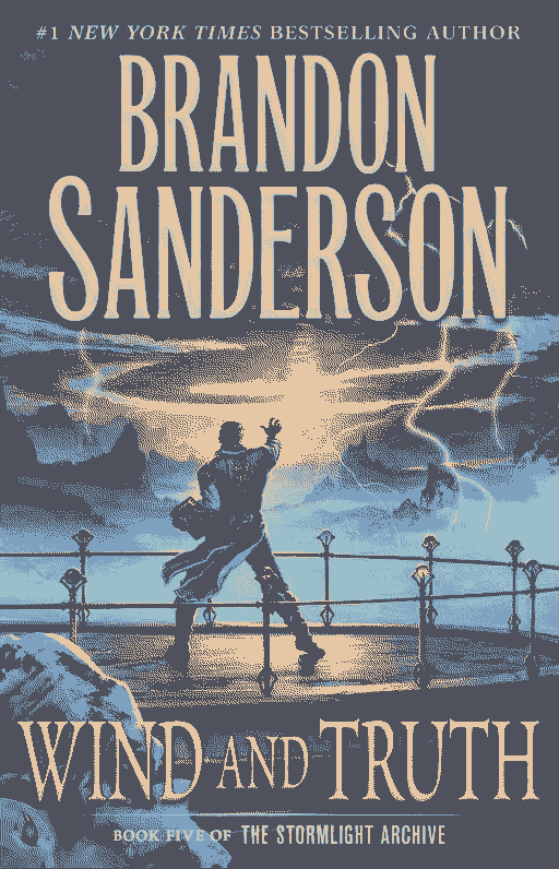 A dithered version of the book cover for Wind and Truth. The cover shows a man standing atop a tower among tall mountains, reaching out towards light and lightning.