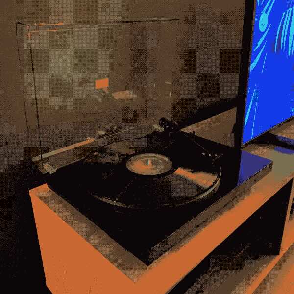 A dithered image of a record player atop a TV bench