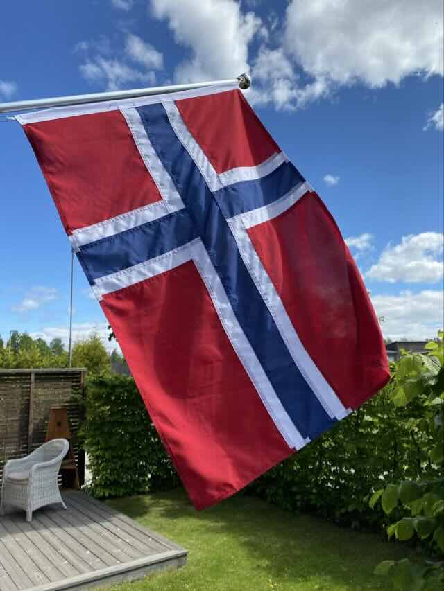 Photograph of a Norwegian flag swaying in the wind
