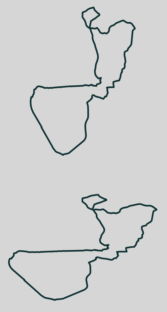 Screenshot showing the difference between a route with the Mercator projection applied versus the same route with no projection.