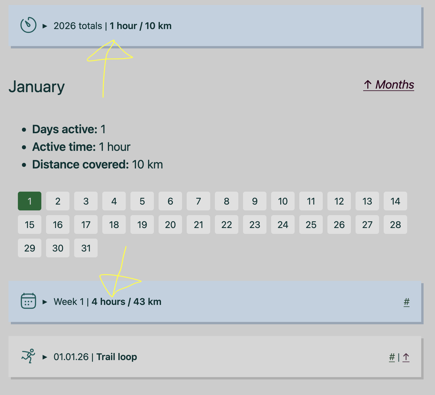Screenshot from the workout log, showing differing totals for year and week in the first week of the year.