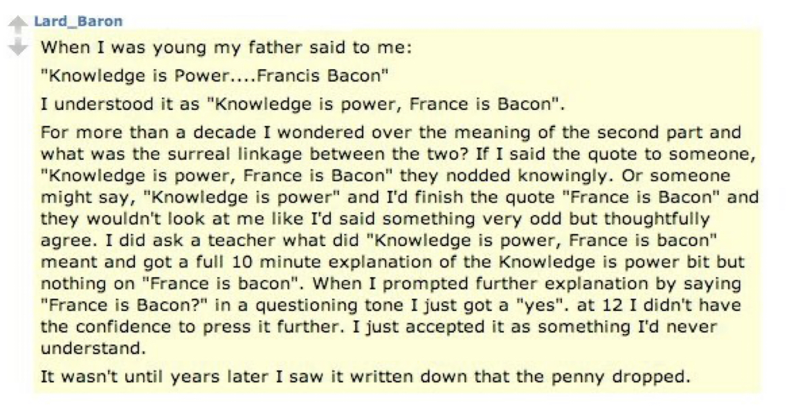 Screenshot of a comment from reddit where someone explains that they misunderstood the name "Francis Bacon" as "France (the country) is bacon" and it is quite funny