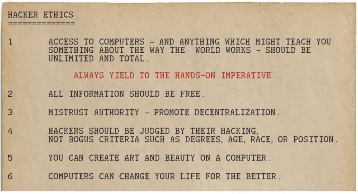 Photo of a printout of Hacker Ethics from MIT in the early 1960's