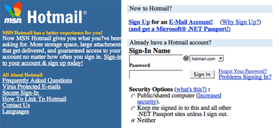 Screenshot of Hotmail interface circa 2007