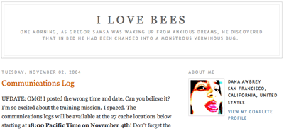 I Love Bees blog screenshot