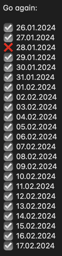 List of dates from 26.01.24 to 17.02.24 marked with "V" for successful days and "X" for unsuccessful days. There is only one unsuccessful day.