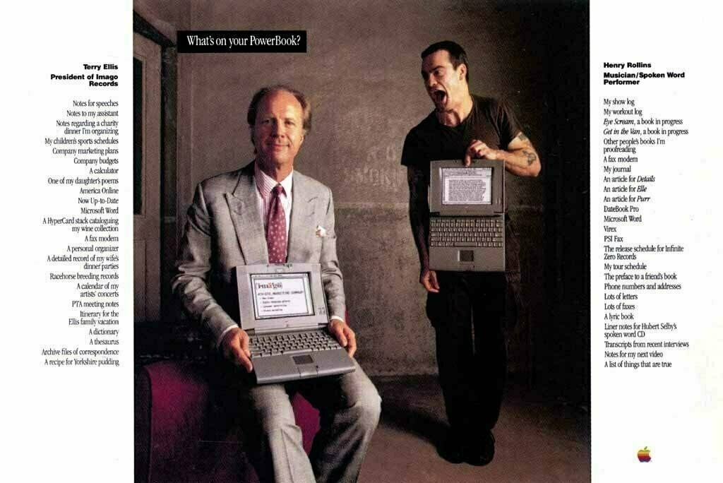 An old print advertisement from Apple for the PowerBook. The ad features record company executive Terry Ellis and musician Henry Rollins, who both share a list of deeply personal data saved on their computers.