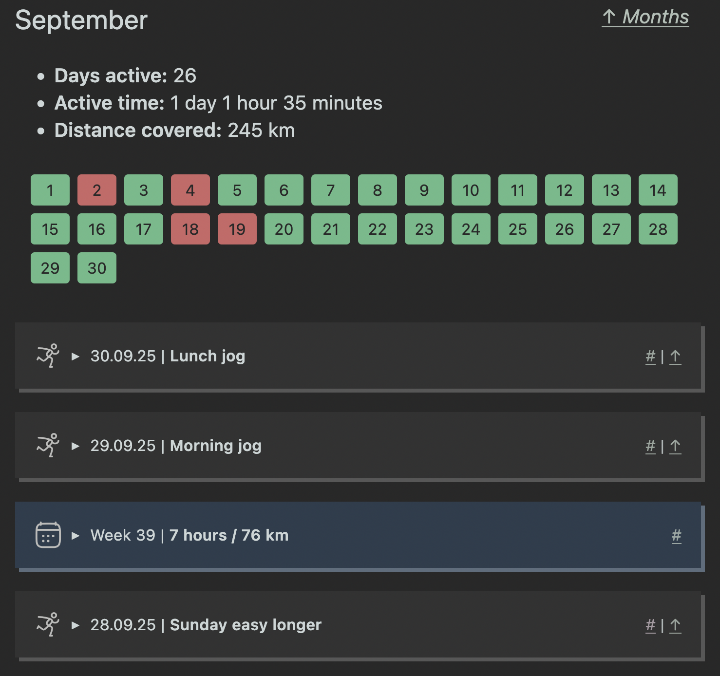 Screenshot showing a weekly total inserted into the list of workouts.