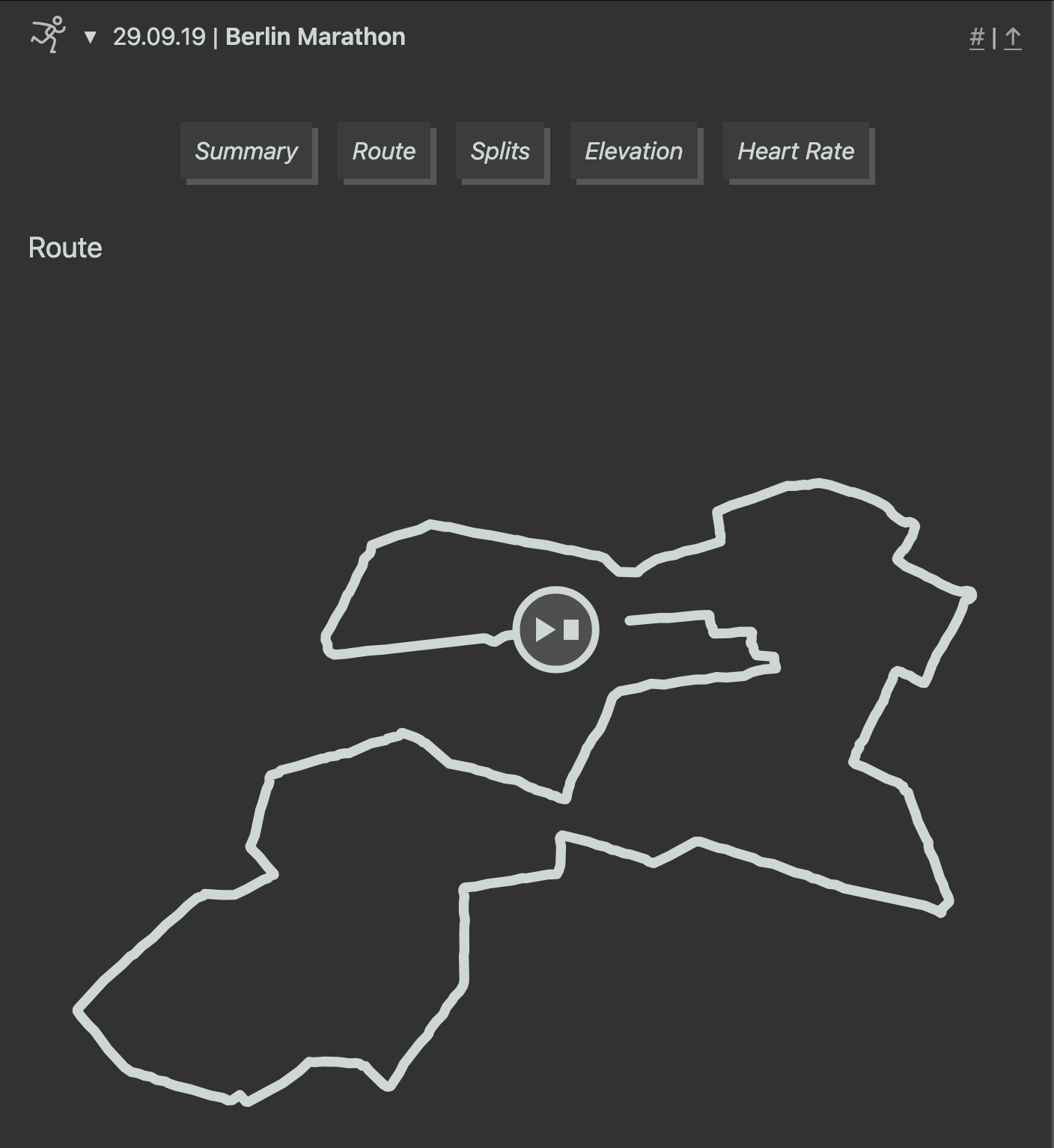 Screenshot of an activity from my workout log showing the route from the 2019 Berlin Marathon