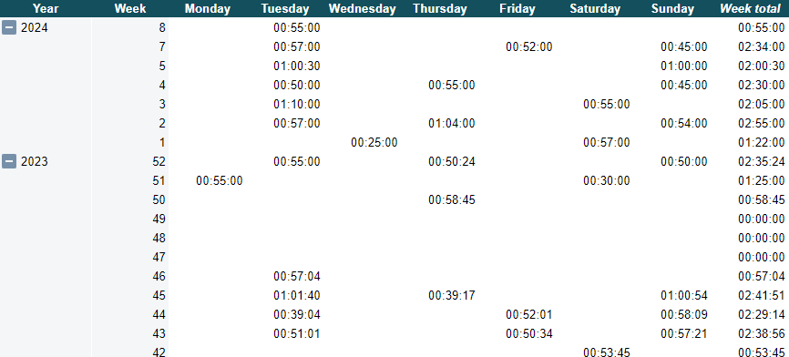 Screenshot of training log from week 42 of 2023 to week 8 of 2024.