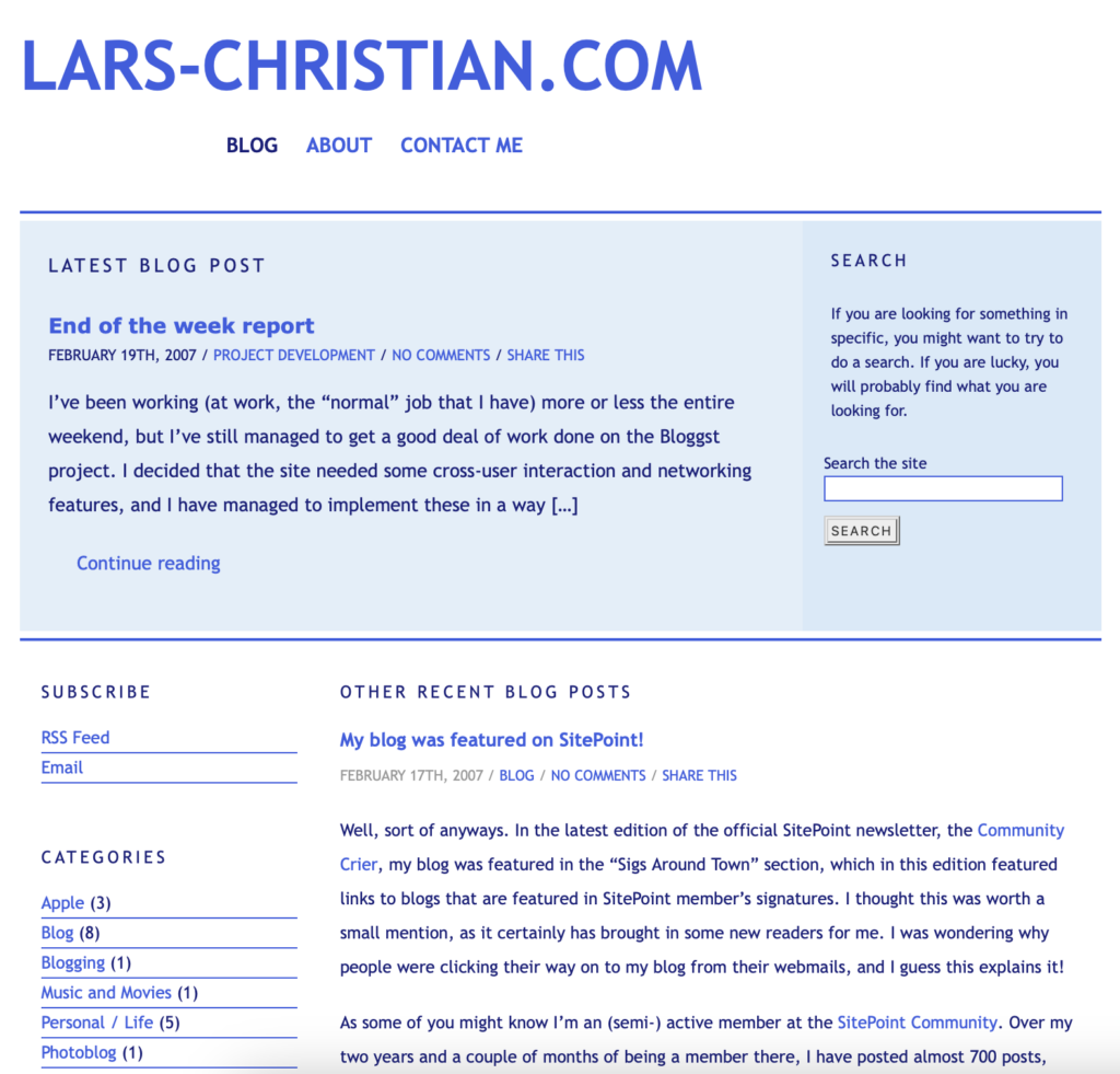 A screenshot showing what Lars-Christian.com looked like after a redesign in 2006. The design is text based, with blue text on a white background.