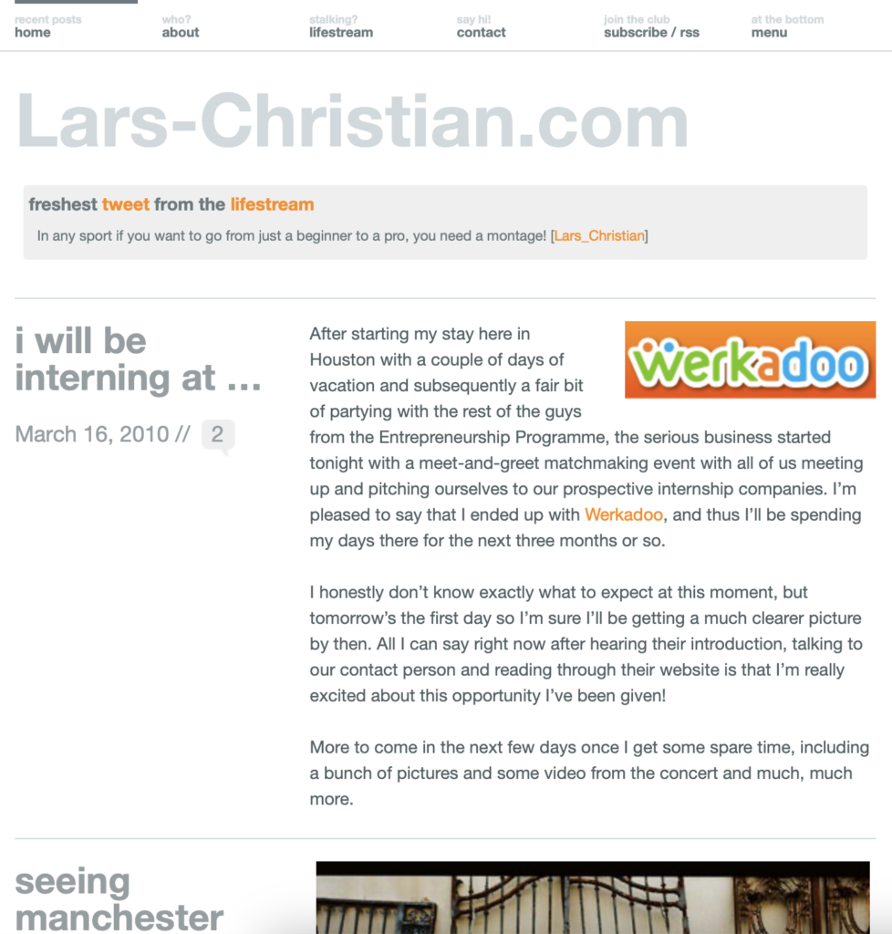 A screenshot showing what Lars-Christian.com looked like after a redesign in 2010. The design is text based, with grey text on a white background.