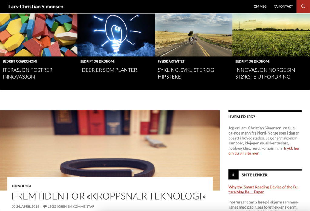 A screenshot showing what Lars-Christian.com looked like ca 2012-2015. The design features prominent featured images for each post, and shows headlines written in Norwegian.