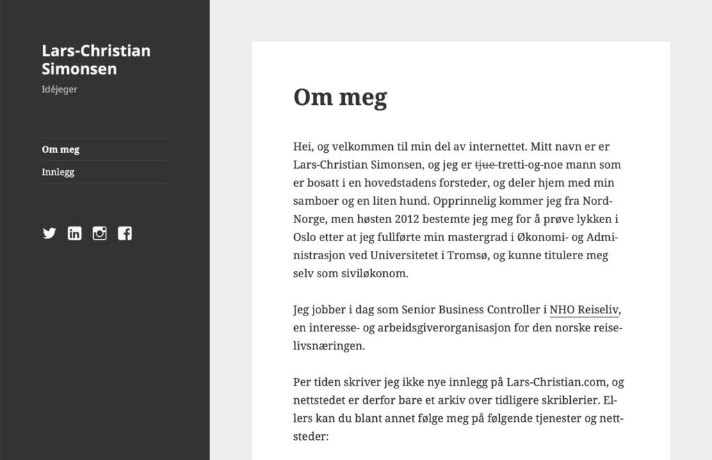 A screenshot showing what Lars-Christian.com looked like ca 2017. The design is text based, and has dark grey text on a white background, with a dark grey left menu. Text is in Norwegian.